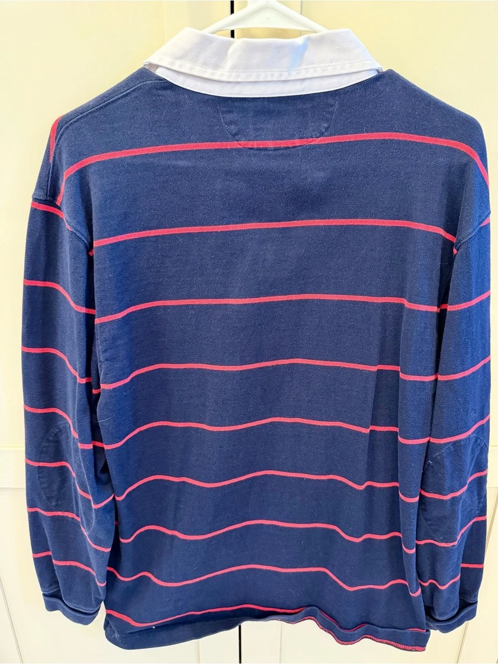 J. Crew Navy Rugby Polo with Red Stripes and White Collar
